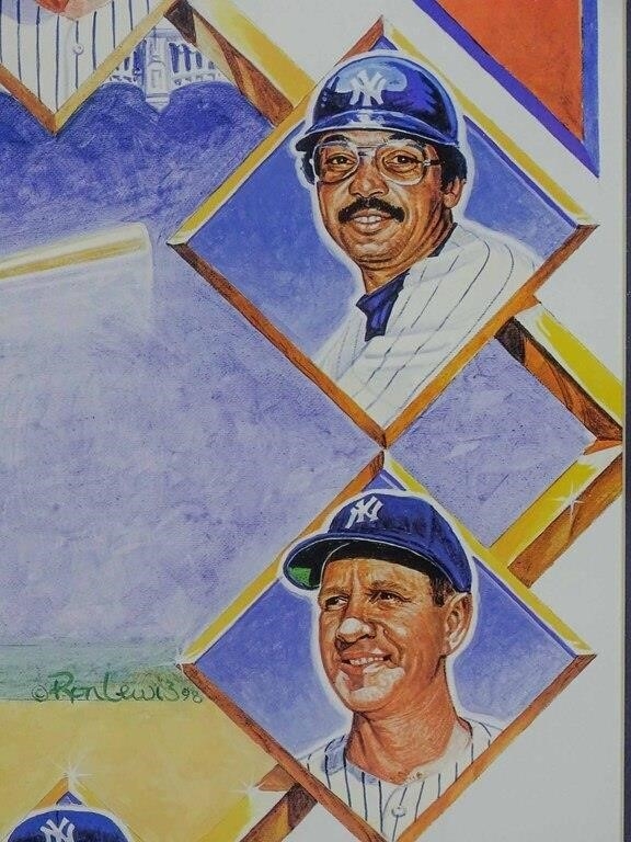 Artwork by Joe Dimaggio, Joe Dimaggio Baseball autographed Yankee Legends print. 111/1941. COA backside. Glass has small crack lower right. 30" x 22", Made of glass