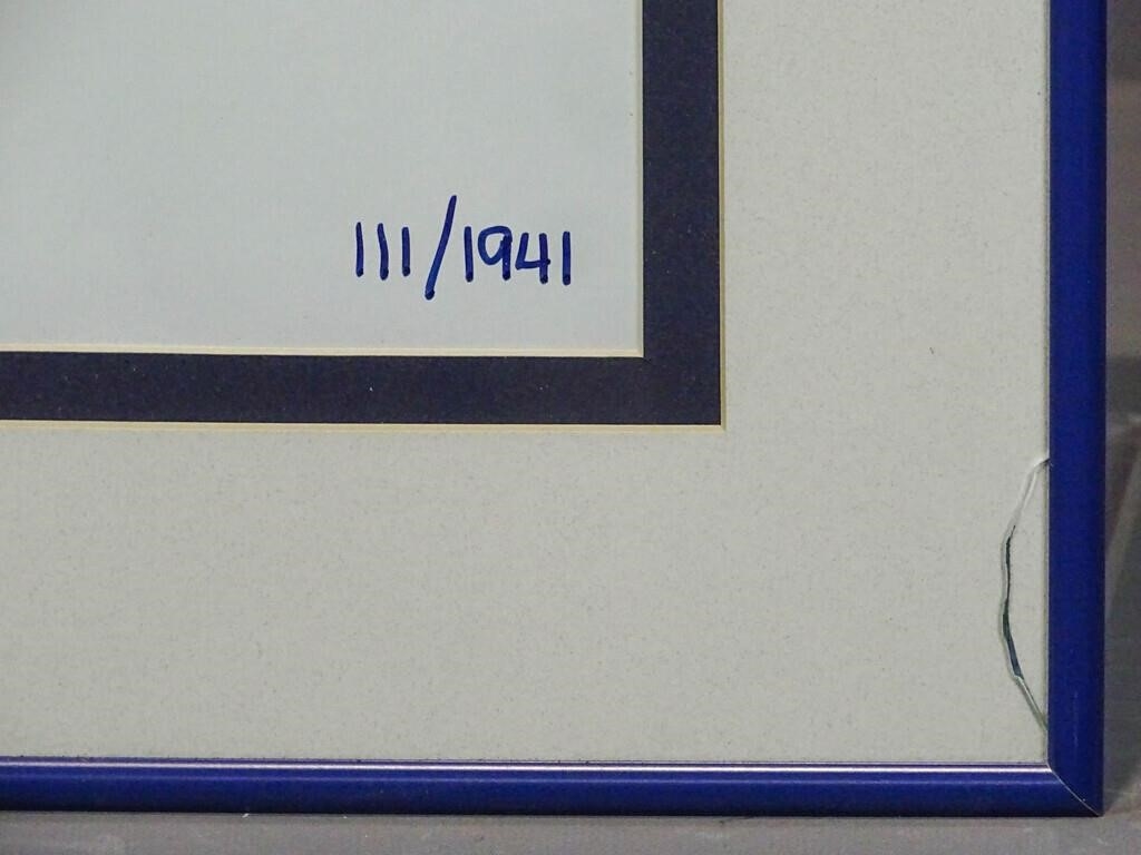 Artwork by Joe Dimaggio, Joe Dimaggio Baseball autographed Yankee Legends print. 111/1941. COA backside. Glass has small crack lower right. 30" x 22", Made of glass