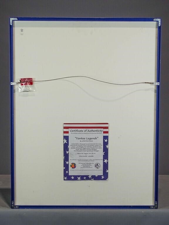 Artwork by Joe Dimaggio, Joe Dimaggio Baseball autographed Yankee Legends print. 111/1941. COA backside. Glass has small crack lower right. 30" x 22", Made of glass