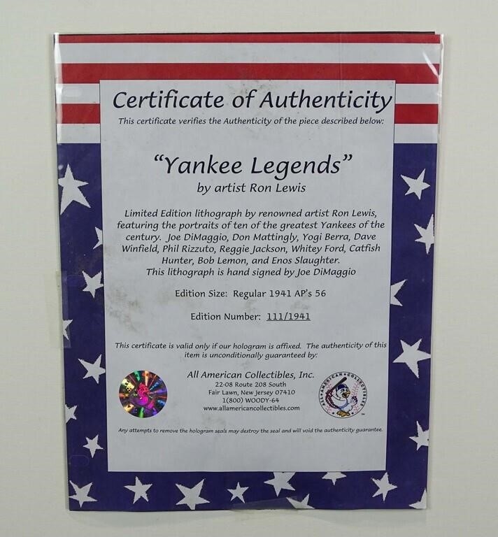 Artwork by Joe Dimaggio, Joe Dimaggio Baseball autographed Yankee Legends print. 111/1941. COA backside. Glass has small crack lower right. 30" x 22", Made of glass