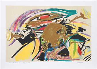 A vibrant abstract composition featuring a central figure in motion, rendered with bold brushstrokes and a dynamic color palette.