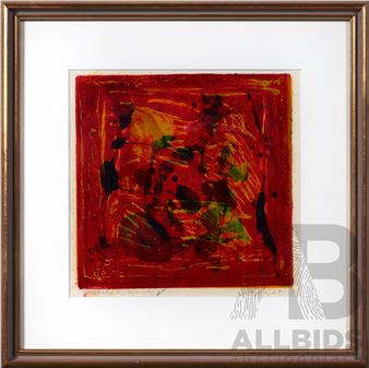 A framed abstract print featuring a dominant red square with black, green, and yellow marks.