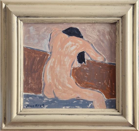 A framed painting of a nude figure in profile, rendered in expressive brushstrokes with a muted color palette.