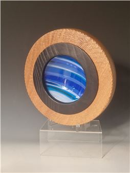 a turned and adzed elm bowl with blue banded fused glass insert, numbered 185 to underside - Scott Irvine