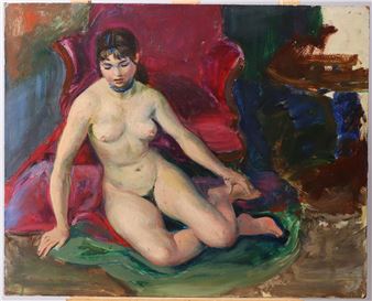 A nude figure sits on a green cloth in front of a red chair, rendered in expressive oil paint.