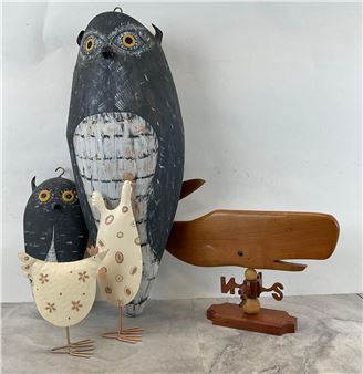 hand carved wood and painted owl figures (2) - John Hanebury