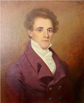 A formal portrait of a person in a maroon coat and white cravat against a warm brown background.