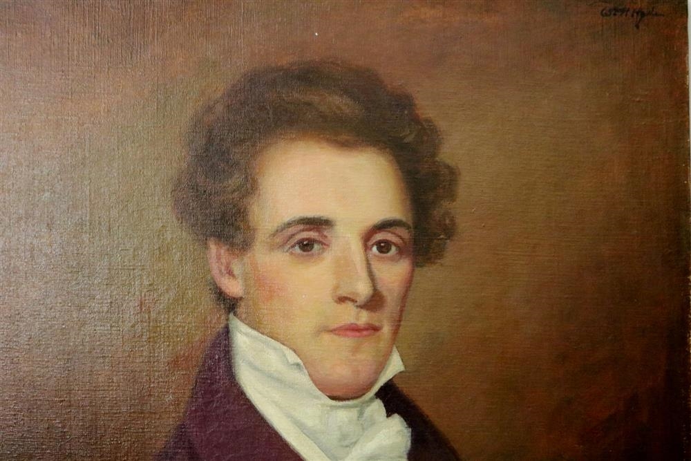 A formal portrait of a person in a maroon coat and white cravat against a warm brown background.