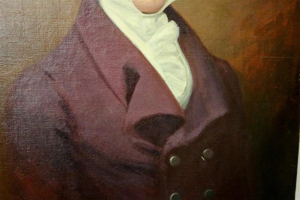 A formal portrait of a person in a maroon coat and white cravat against a warm brown background.