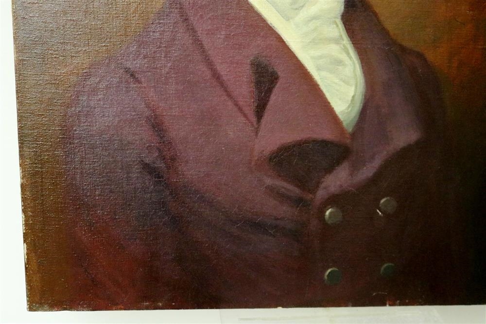 A formal portrait of a person in a maroon coat and white cravat against a warm brown background.