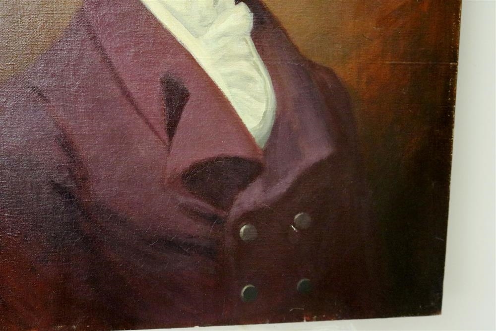A formal portrait of a person in a maroon coat and white cravat against a warm brown background.