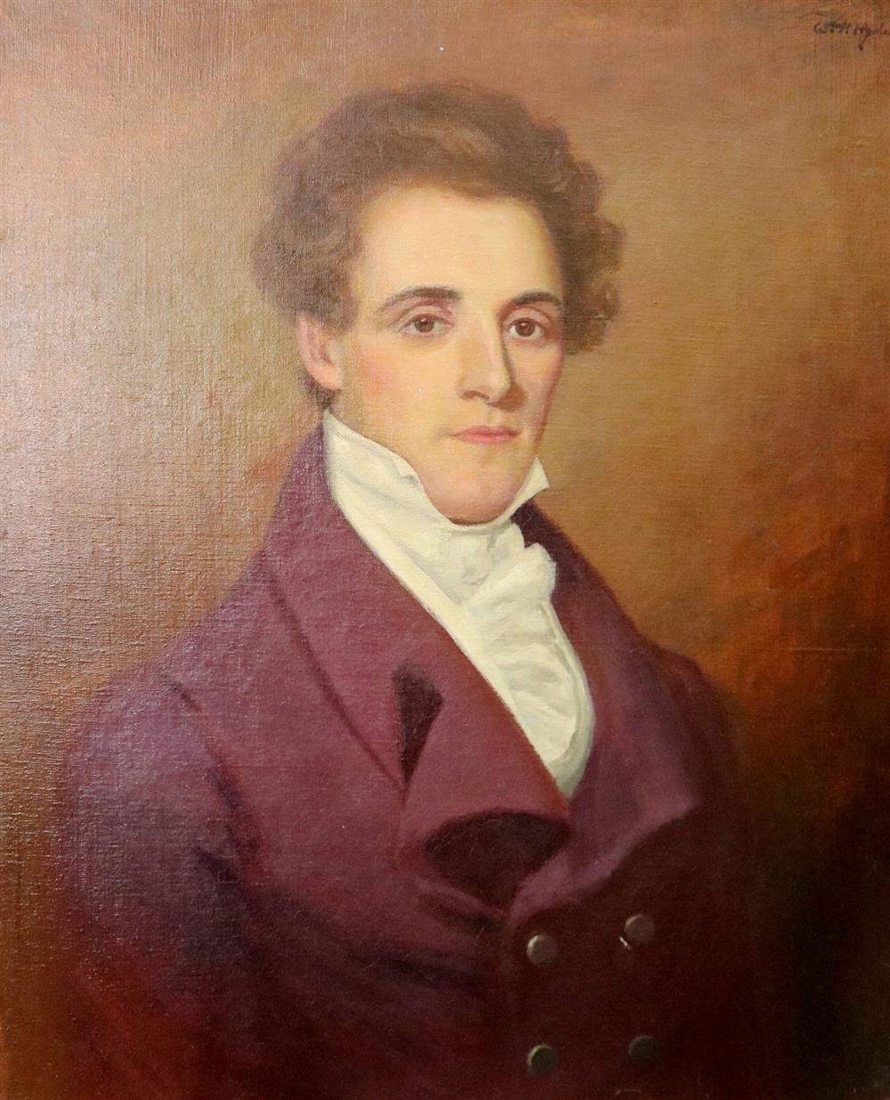 A formal portrait of a person in a maroon coat and white cravat against a warm brown background.