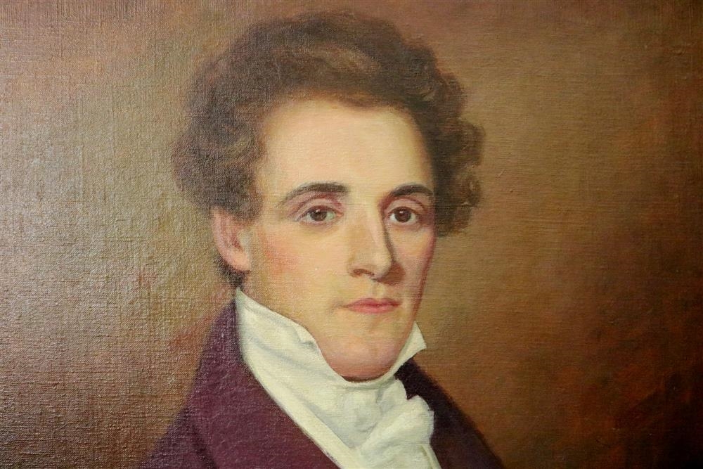 A formal portrait of a person in a maroon coat and white cravat against a warm brown background.