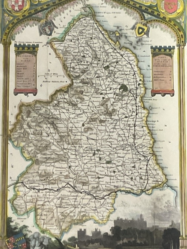 Thomas Moule | 1848 map of Northumberland within architectural gothic ...