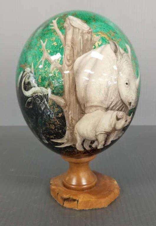Artwork by Sherry Rowe, Signed Sherry Rowe hand painted ostrich egg on, Made of hand painted ostrich egg