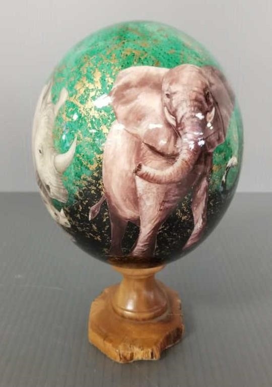 Artwork by Sherry Rowe, Signed Sherry Rowe hand painted ostrich egg on, Made of hand painted ostrich egg