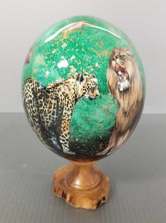 Artwork by Sherry Rowe, Signed Sherry Rowe hand painted ostrich egg on, Made of hand painted ostrich egg