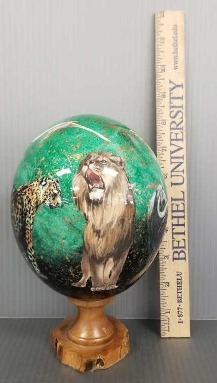 Artwork by Sherry Rowe, Signed Sherry Rowe hand painted ostrich egg on, Made of hand painted ostrich egg