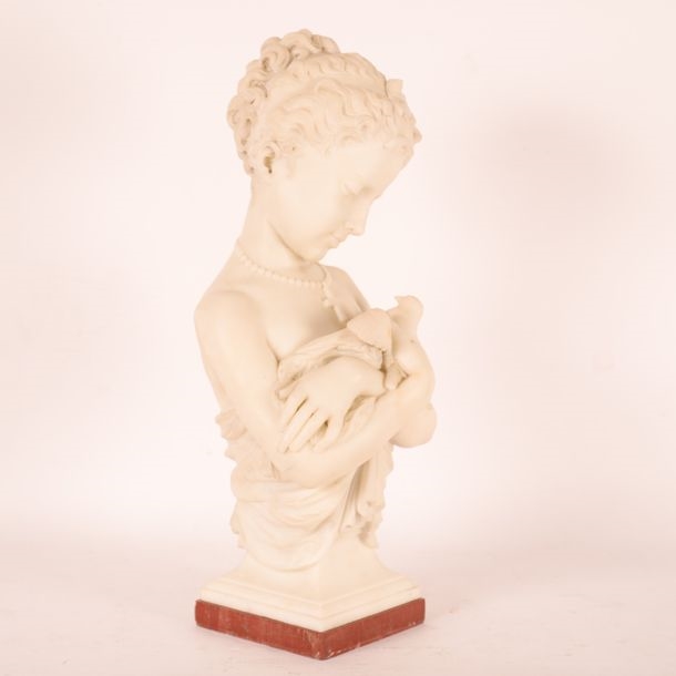 Artwork by Charles Veeck, BEAUTIFUL SCULPTURE "BUSTE DE JEUNE FEMME À LA COLOMBE" by Charles VEECK, Made of White carrara marble