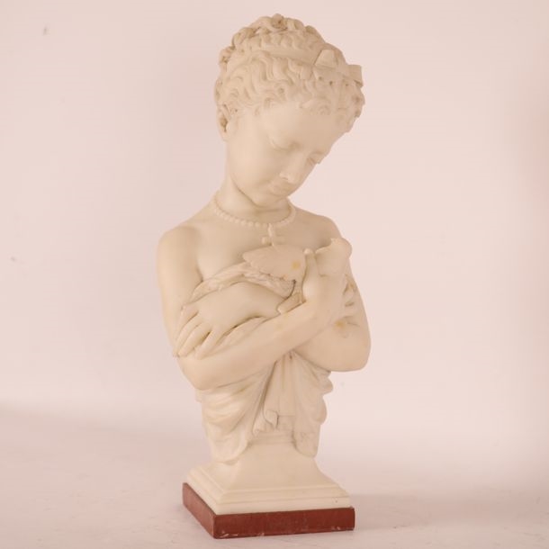 Artwork by Charles Veeck, BEAUTIFUL SCULPTURE "BUSTE DE JEUNE FEMME À LA COLOMBE" by Charles VEECK, Made of White carrara marble