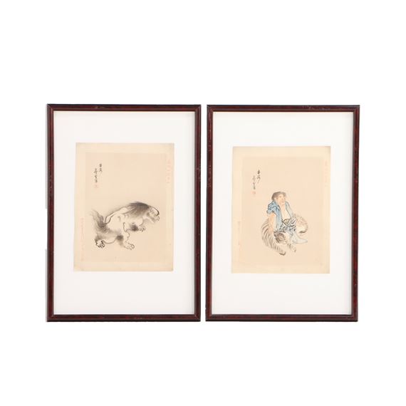 After Nagasawa Rosetsu (Japanese 1754-1799)
Two woodblock prints, woodblock on paper, signed and sealed in the image.
Interior Ht: 10.75" Wd: 8.25 - Nagasawa Rosetsu