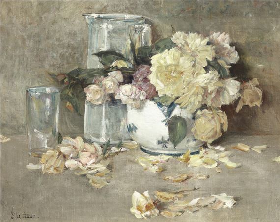 Still Life of Roses, Glass Pitcher and Bowl by Childe Hassam, Painted circa 1888-1890