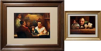 Two framed paintings depicting intimate, humorous scenes of figures in domestic settings.