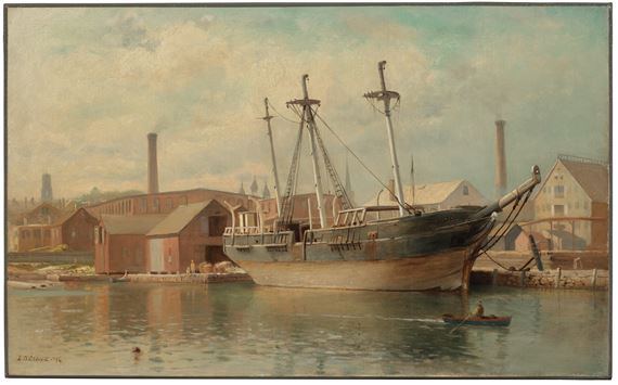 SHIPYARD SCENE OF NEW BEDFORD WITH WHALING HULK by Lemuel D. Eldred, Painted in 1894