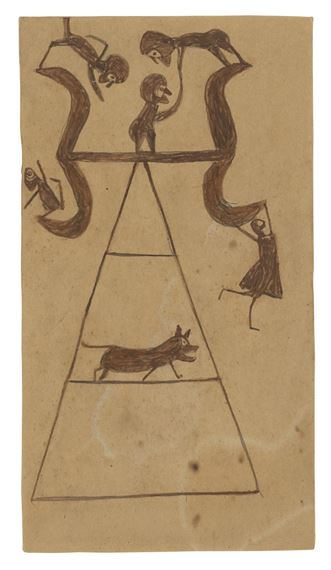 UNTITLED (BROWN CONSTRUCTION WITH FIGURES AND DOG) by Bill Traylor, Painted circa 1939-1942