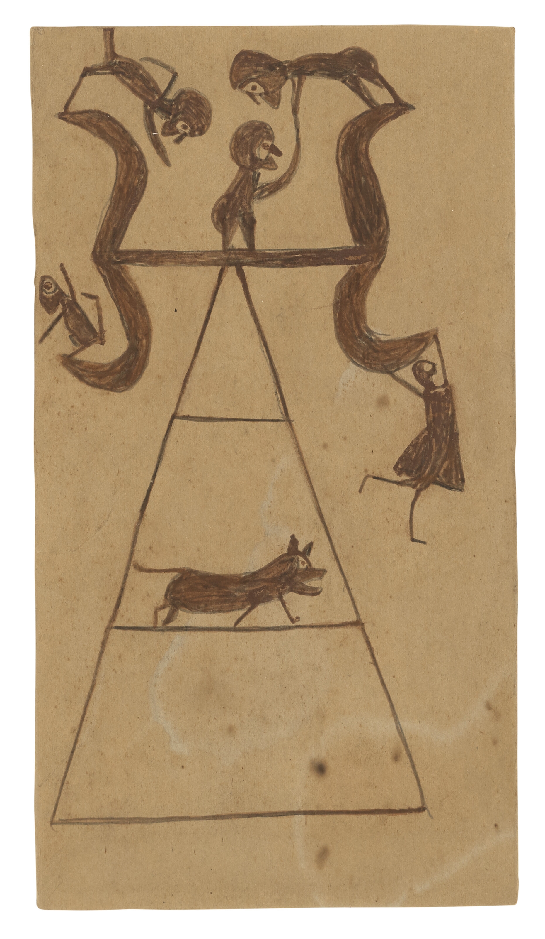 Artwork by Bill Traylor, UNTITLED (BROWN CONSTRUCTION WITH FIGURES AND DOG), Made of tempera and graphite on card