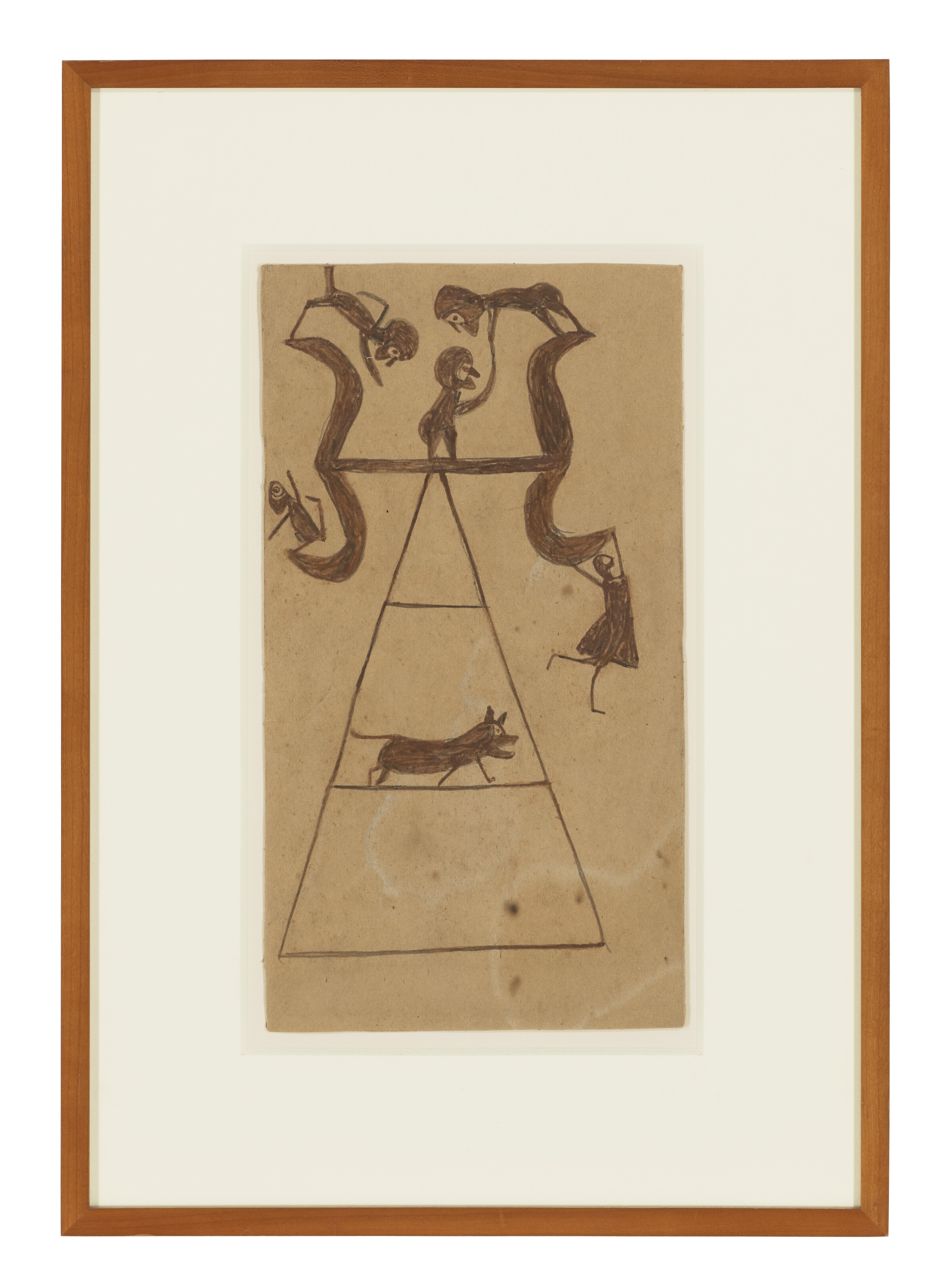 Artwork by Bill Traylor, UNTITLED (BROWN CONSTRUCTION WITH FIGURES AND DOG), Made of tempera and graphite on card