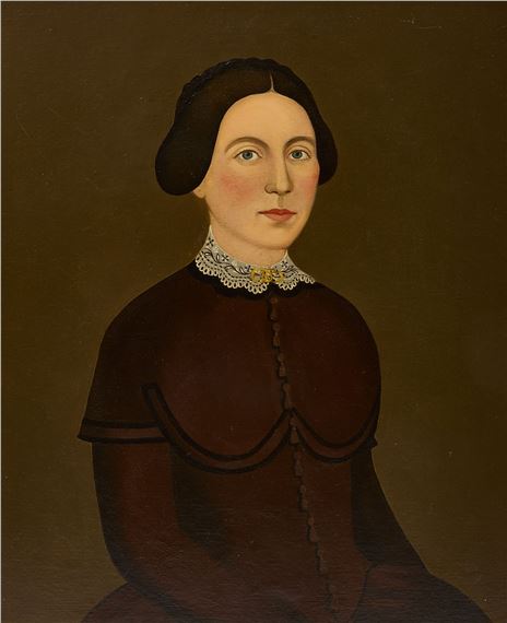 A formal portrait of a seated figure in dark attire against a muted background.