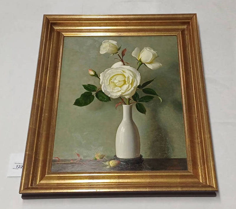Artwork by John Bulloch Souter, white roses, Made of oil on board