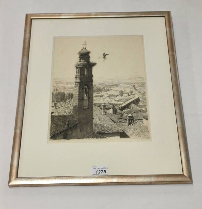 Artwork by John Bulloch Souter, episcopal storks signed in pencil label to reverse framed etching, Made of etching