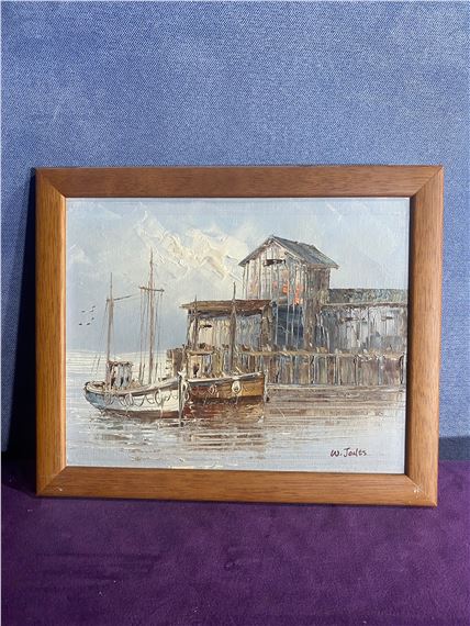 【中古】M▽W.JONES 油絵 漁港 船 海 港 (37866) 中古】M▽W.JONES 油絵 漁港 船 海 港 (37866)