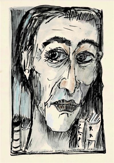 Paryski antykwariusz zerkajacy spomiędzy książek , 1995 by Andrzej Maziarski, 1995