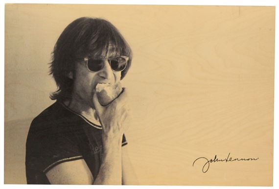 Rock Paper Photo Wood Print John Lennon by John Lennon, 1980