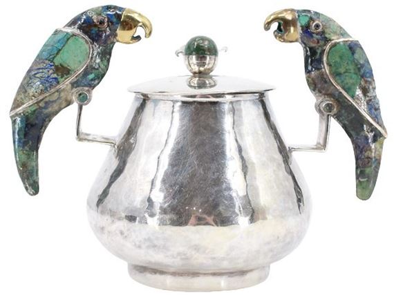 Silver Plated Toucan Handle Sugar Pot With Spoon by Los Castillo