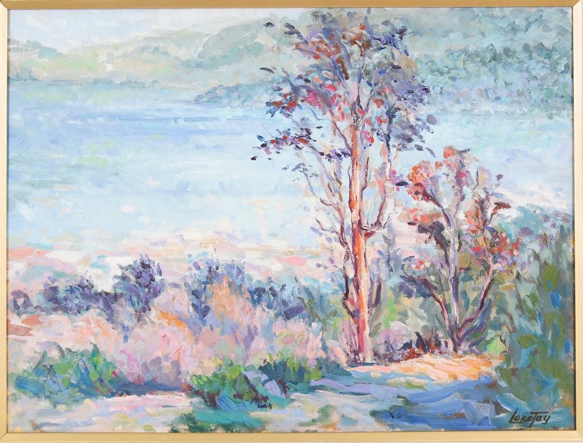 A vibrant landscape painting featuring a solitary tree against a hazy, colorful background.