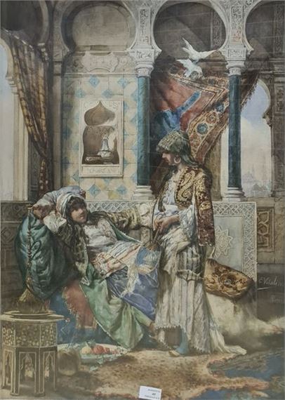 , 19th-20th century Two women in a harem watercolor gouache, lower right: E by Edouardo Vitali, 19th-20th century