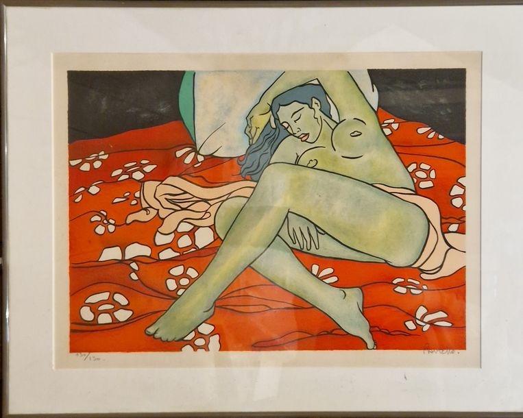 Artwork by François Ravello, Reclining Taïtienne, Made of Color lithograph