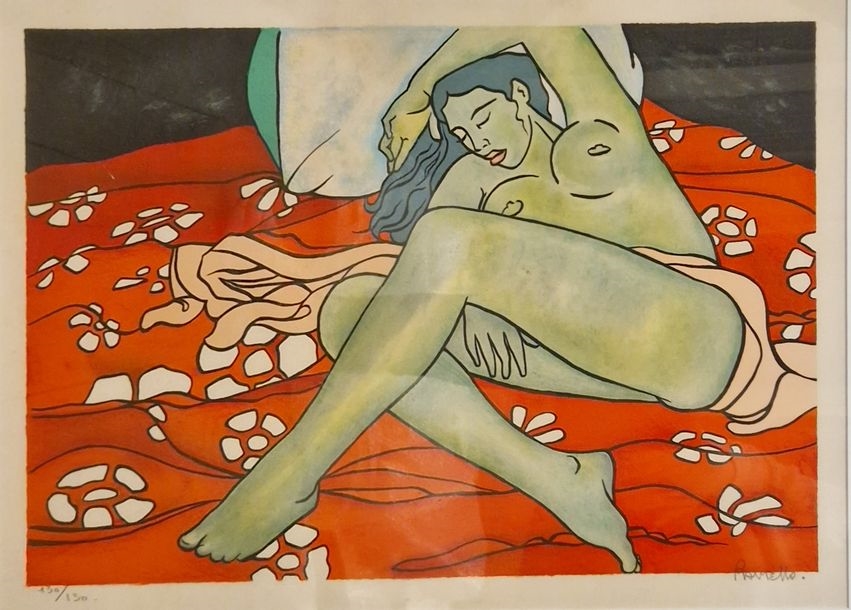 Artwork by François Ravello, Reclining Taïtienne, Made of Color lithograph