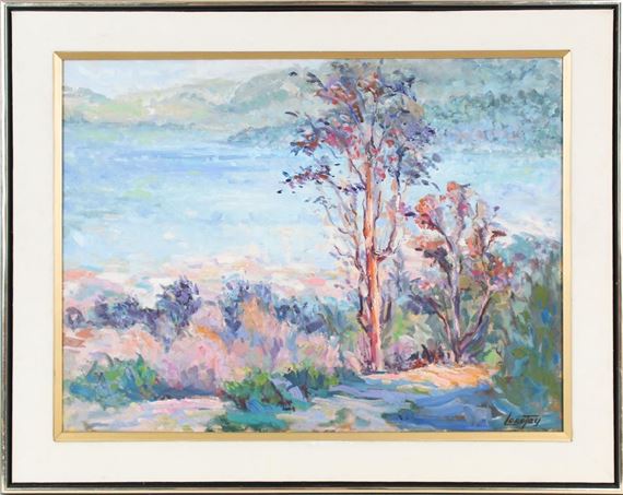 A vibrant landscape painting featuring a solitary tree against a hazy, colorful background.