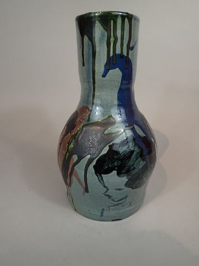 Thomas BUXO (XXe siècle). Grand vase en grès à décor émaillé de coulures polychromes et d'un visage féminin - Thomas Buxo