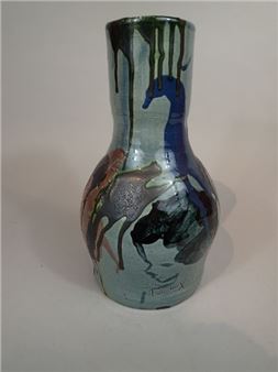 Thomas BUXO (XXe siècle). Grand vase en grès à décor émaillé de coulures polychromes et d'un visage féminin - Thomas Buxo