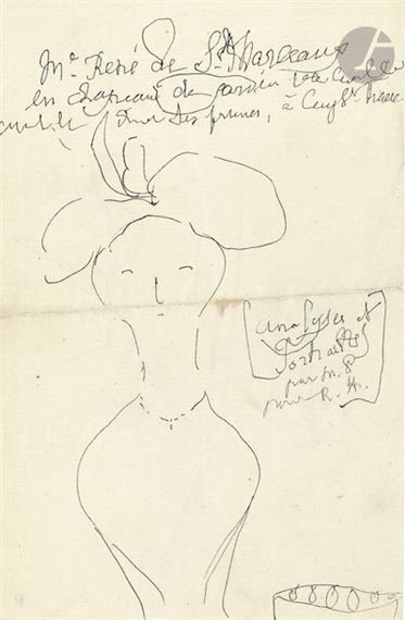 A minimalist line drawing of a figure with an oversized hat and a small basket at the bottom.