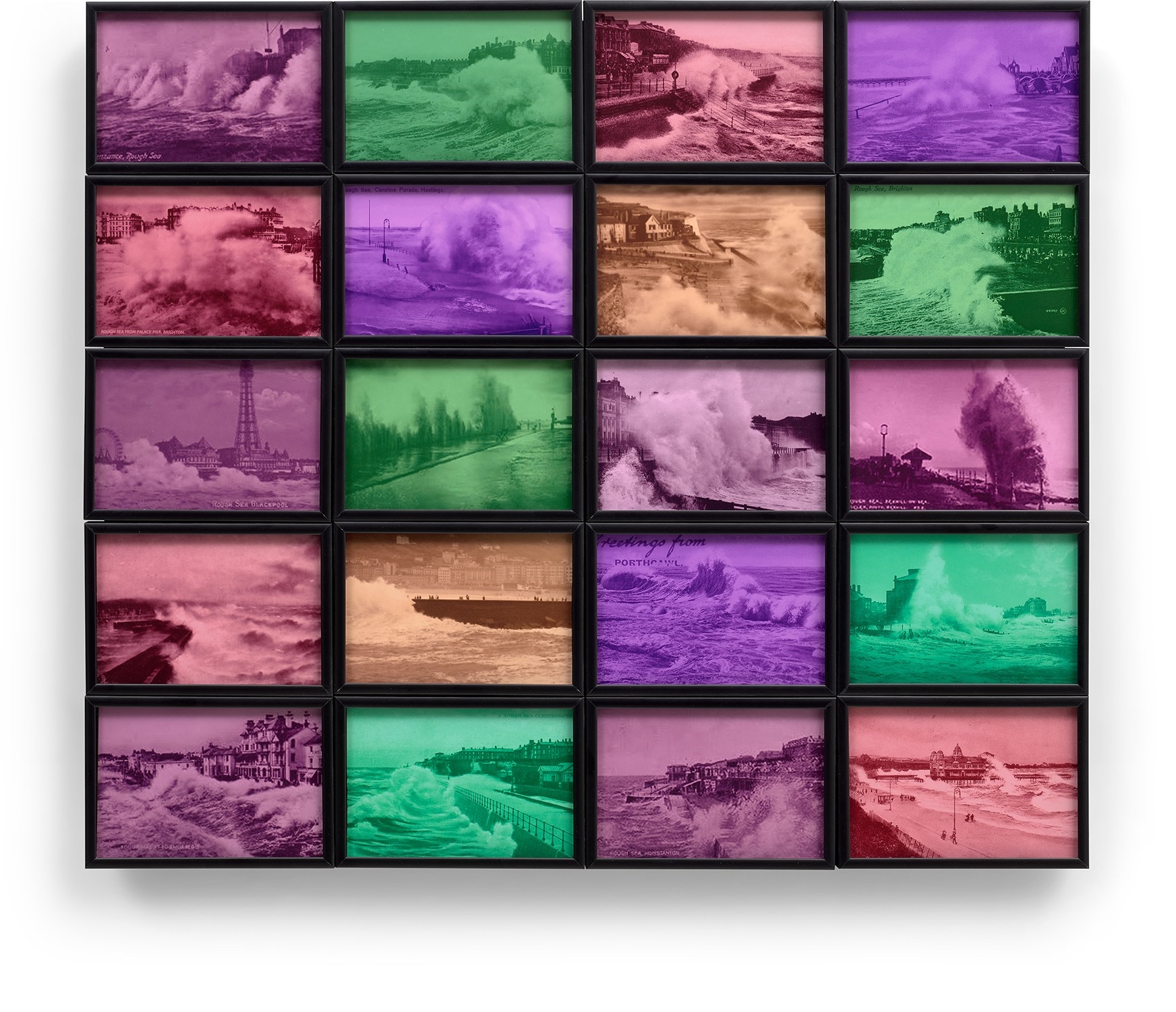 Artwork by Susan Hiller, Rough Version, Made of The complete set of 20 archival colour dry prints, with the original wooden cleat shelf