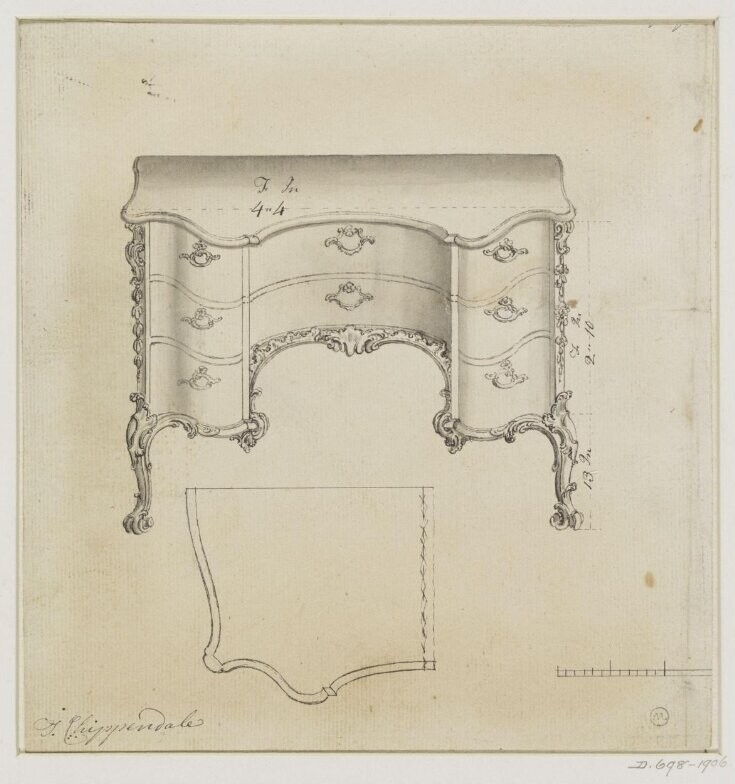 Artwork by Richard Wright, Edward Elwick, A GEORGE III MAHOGANY SERPENTINE COMMODE, Made of engraving