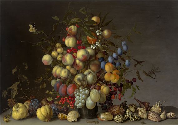 Peaches, plums, oranges, apples, cherries, grapes, redcurrants, blackcurrants, crab apples and other fruit in a pewter vase, with a red admiral butterfly, a dragonfly and other insects, with grapes and other fruit, seashells, a lizard, a caterpillar and a wasp on a ledge by Balthasar van der Ast, 1593