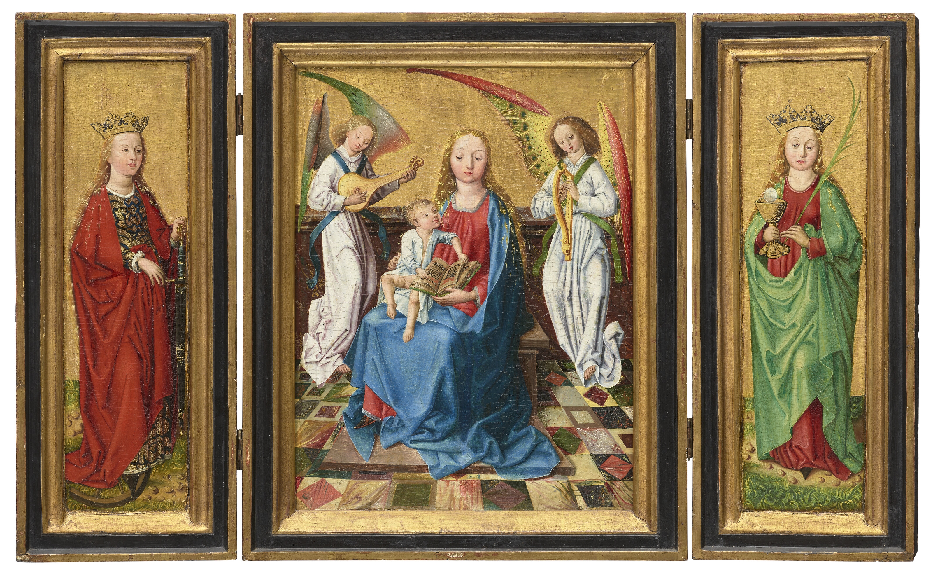 Artwork by Michael Pacher, Friedrich Pacher, A triptych: the central panel: The Virgin and Child with musical angels; the wings: the inner faces: Saint Catherine of Alexandria; Saint Barbara; the outer faces: The Annunciation, Made of oil and gold on panel